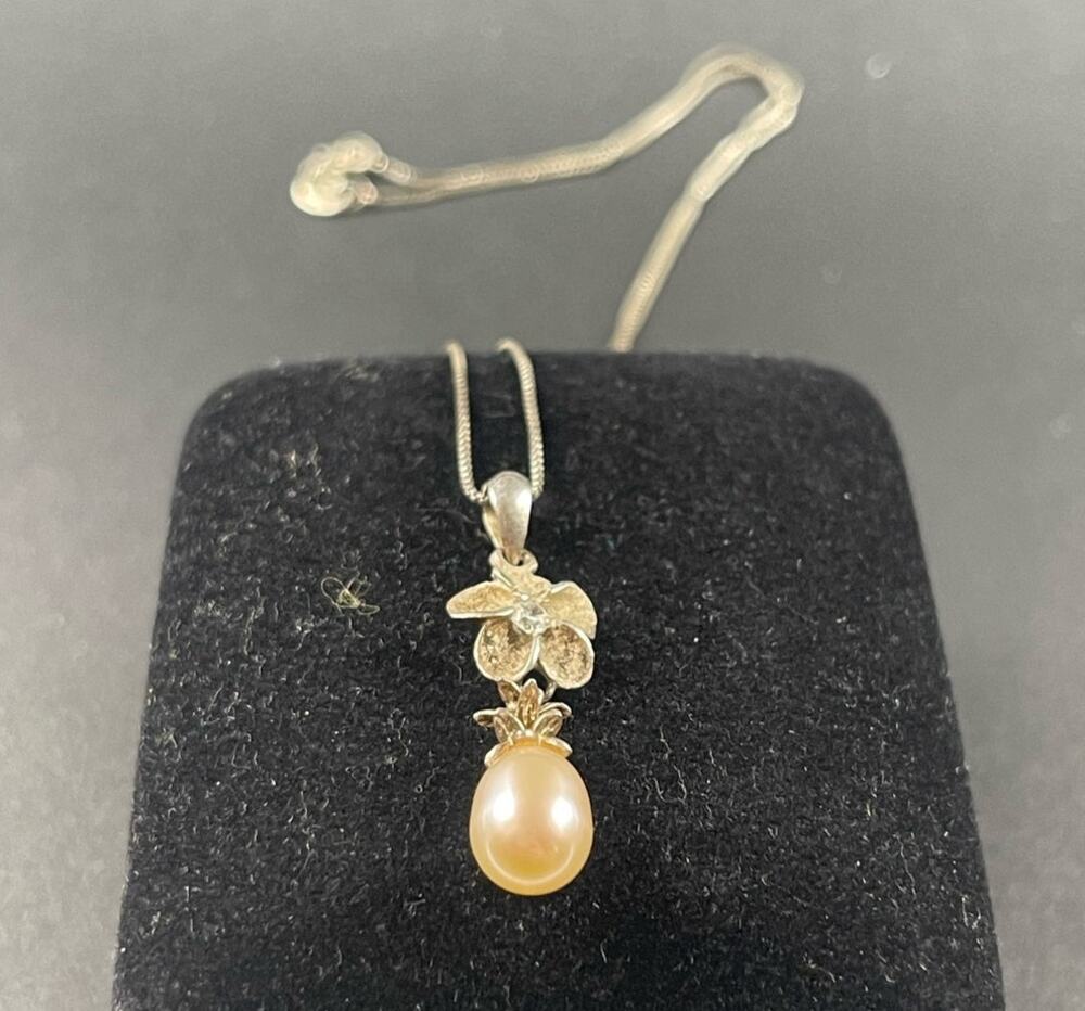 925 Hawaiian Pendant Pearl Flower Charm 16" Italy Sterling Box Chain Necklace